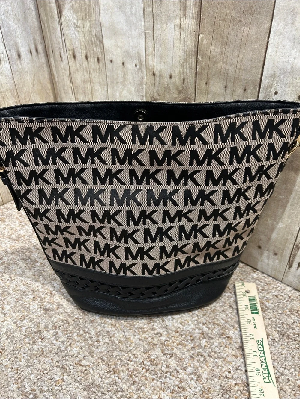 Michael Kors Black & Beige MK Logo Bucket Shoulder Bag Gold Hardware